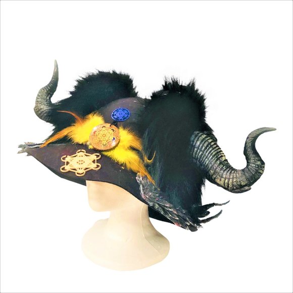 Gothic Horned Halloween Hat with Metatron Cube Charms Sacred Geometry NEW - Picture 2 of 4